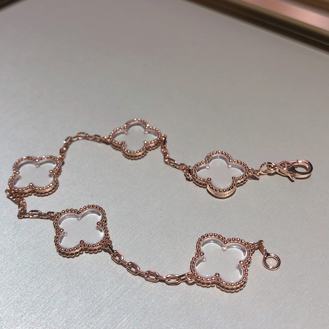 [BLUE TEARS]CLOVER 5 MOTIF ROCK CRYSTAL PINK GOLD BRACELET
