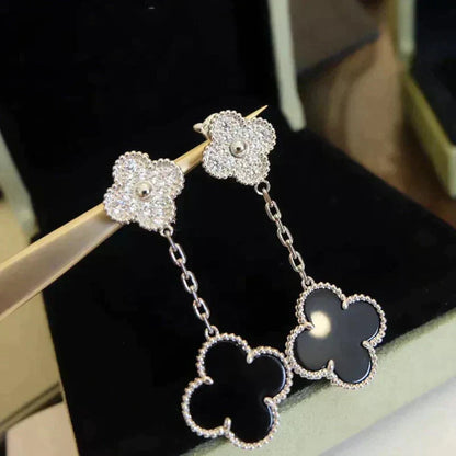 [BLUE TEARS]CLOVER 2 MOTIFS  DIAMOND ONYX EARRINGS SILVER