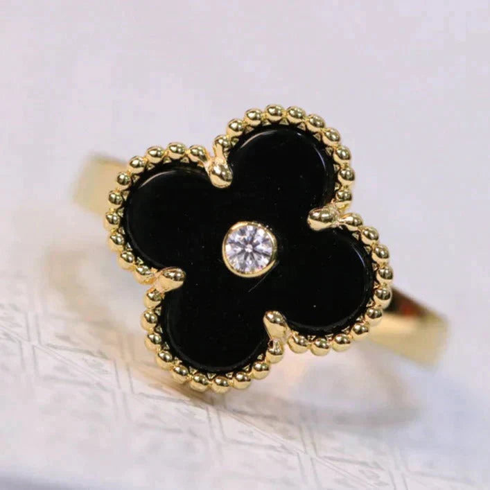 [BLUE TEARS]CLOVER ONYX RING GOLD DIAMOND