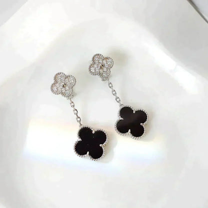 [BLUE TEARS]CLOVER 2 MOTIFS  DIAMOND ONYX EARRINGS SILVER