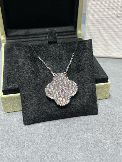 [BLUE TEARS]CLOVER 25MM LARGE PENDANT DIAMOND PAVED SILVER NECKLACE