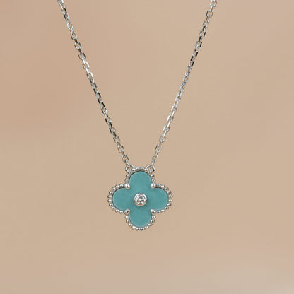 [BLAUE TRÄNEN]CLOVER 15MM DIAMANT SVRES PORZELLAN HALSKETTE SILBER