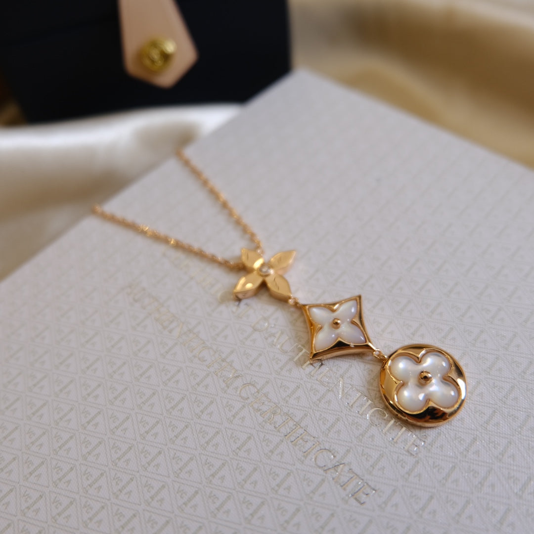 [BLUE TEARS]COLOR BLOSSOM LARIAT NECKLACE PINK GOLD WHITE MOTHER PEARL AND DIAMOND