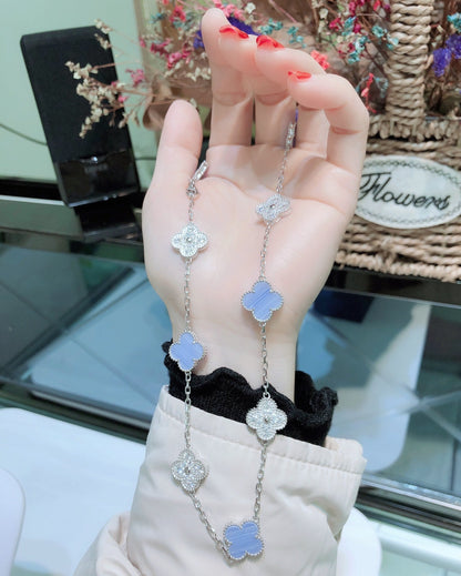 [BLUE TEARS]CLOVER 10 MOTIFS CHALCEDONY DIAMONDS SILVER NECKLACE